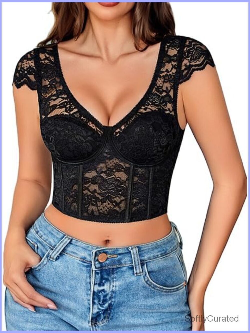 Lace Corset Bustier Top with Cap Sleeves, Underwire, Boning, Crop Top, Going Out
